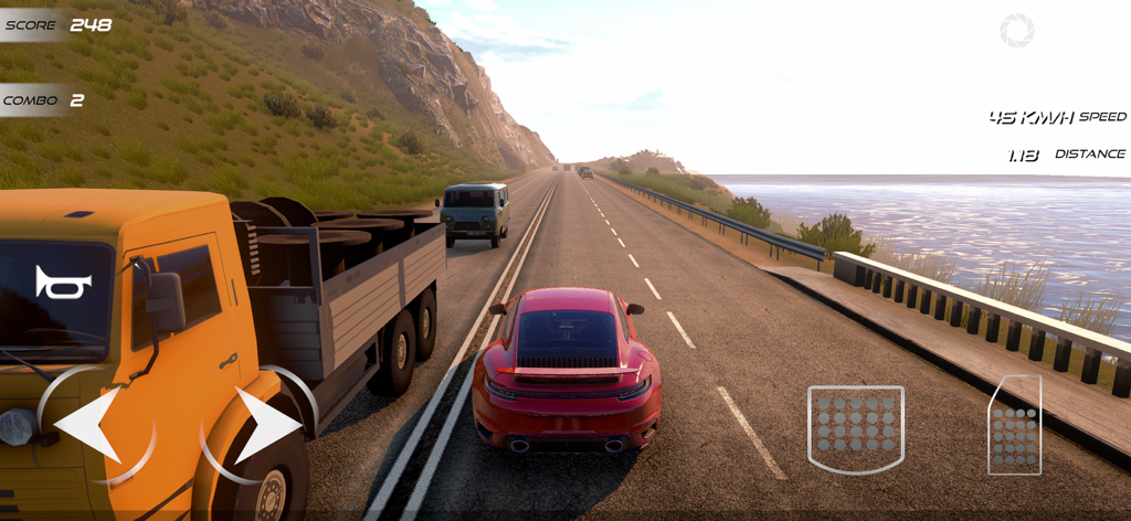 wDrive Roads: Russia - Un coche deportivo rojo zigzagueando entre el tráfico en una pintoresca carretera costera en el juego wDrive Roads Russia.