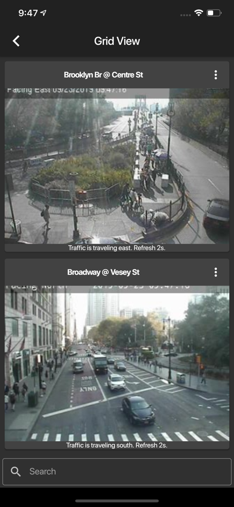Mobile app grid view showing live traffic camera feeds for Brooklyn Bridge and Broadway