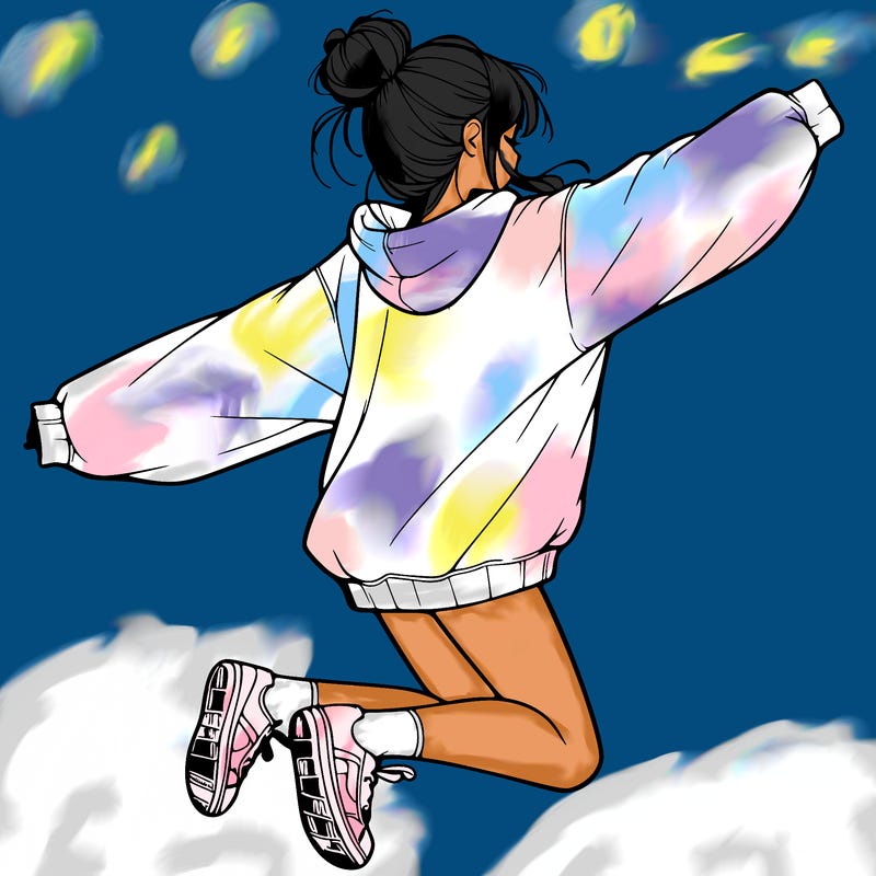 realistic girl jumping with a bun and oversized sweatshirt