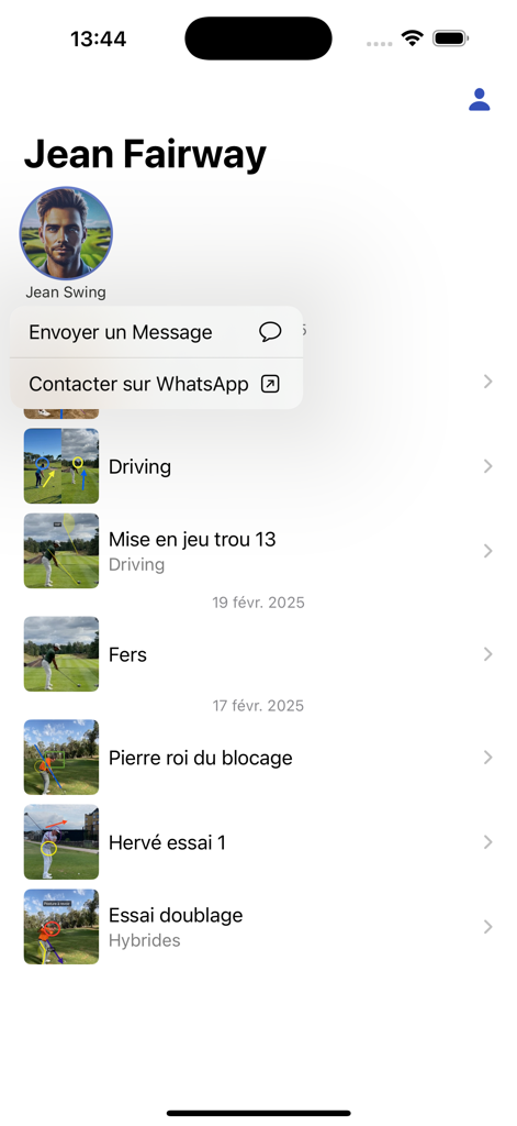 Swing 360 app interface showing a golf coach profile with video analysis history and contact buttons for messaging