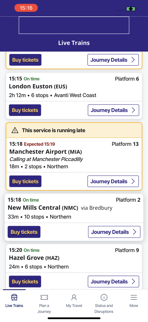 National Rail - Interfaz de la aplicación National Rail que muestra las salidas de trenes en vivo con números de andén y alertas de estado