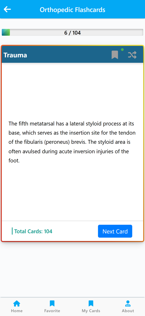 Orthopedic Flash Cards & Notes - Interfaz de tarjeta de memoria de traumatología ortopédica que muestra notas médicas sobre traumatología y anatomía del pie.