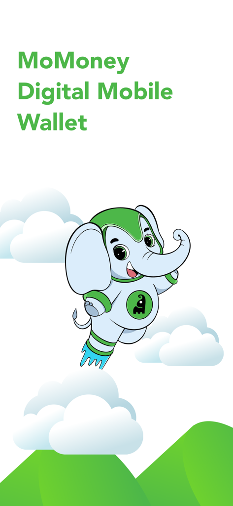 MoMoney - Wallet - MoMoney Digital Mobile Wallet splash screen with a flying cartoon elephant mascot among clouds