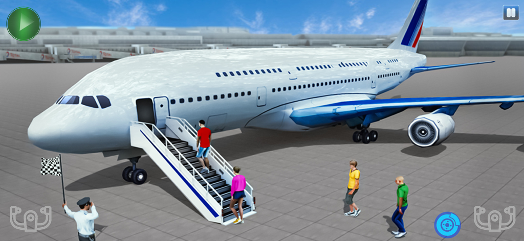 Passenger Aeroplane Fly Games - Passengers boarding a large white commercial airplane at an airport in a flight simulator game