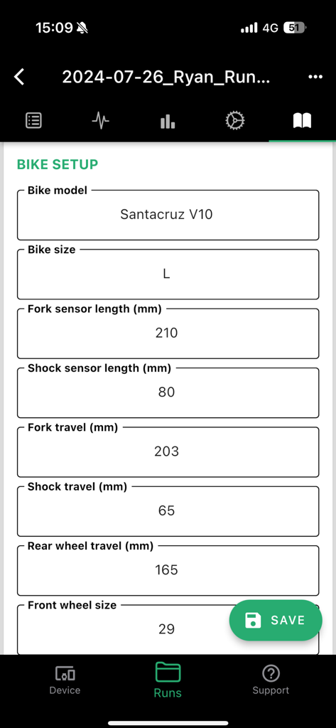 BYB Telemetry - BYB Telemetry app bike setup screen showing suspension and wheel measurements for a Santacruz V10 mountain bike.