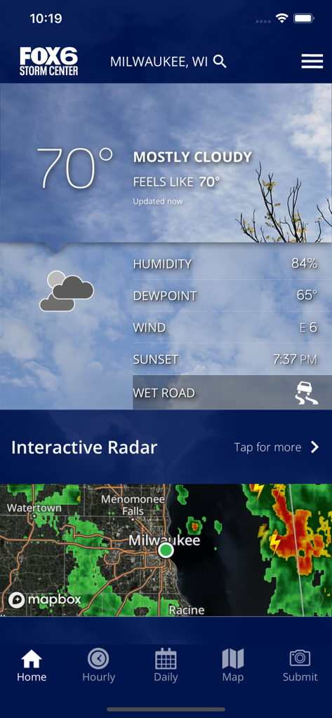 FOX6 Milwaukee: Weather - Home screen of the FOX6 Milwaukee Weather app showing local temperature, current weather conditions, and an interactive radar map of Wisconsin.
