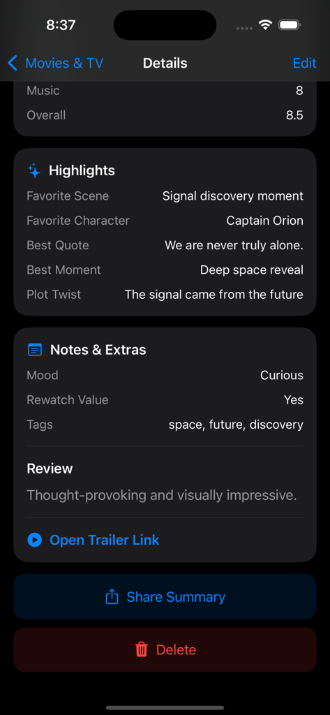 Movies Watch Logger - A screenshot of the movie details screen in Movies Watch Logger showing highlights personal notes and a review