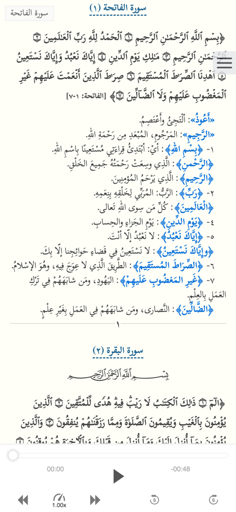 التفسير التفاعلي - Interface of the Interactive Tafsir app displaying Quranic verses with Arabic interpretations and a built-in audio player