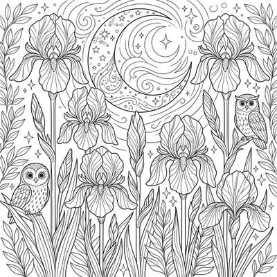 Unveil the serene beauty of night with this exquisite Spuria Irises coloring page, where elegant blooms stand tall beneath a mystical crescent moon. Discover a tranquil scene complete with twinkling stars and watchful owls, perfect for a relaxing coloring escape.