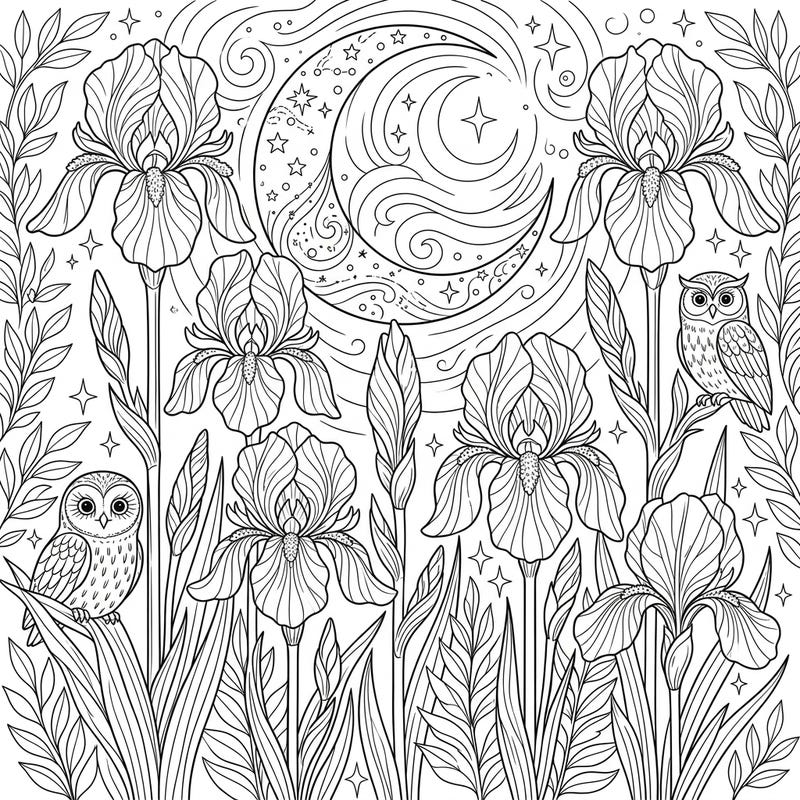 Unveil the serene beauty of night with this exquisite Spuria Irises coloring page, where elegant blooms stand tall beneath a mystical crescent moon. Discover a tranquil scene complete with twinkling stars and watchful owls, perfect for a relaxing coloring escape.