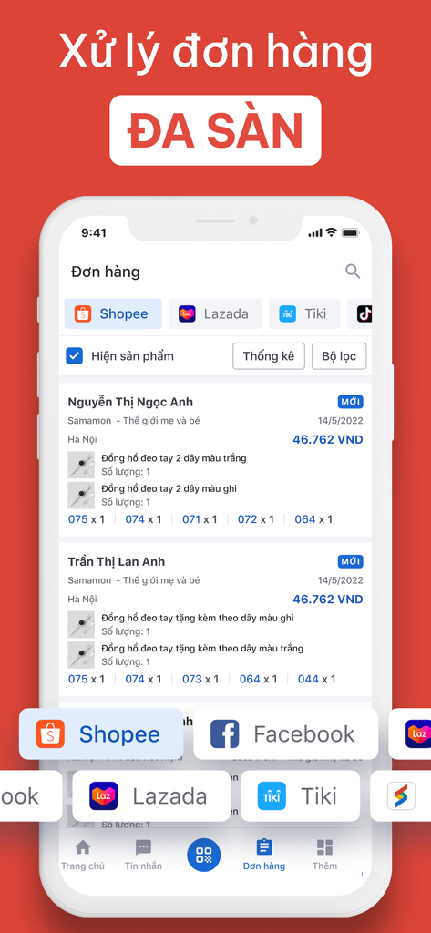 Salework - Salework app interface showing multi-platform e-commerce order tracking and management across Shopee Lazada and Tiki