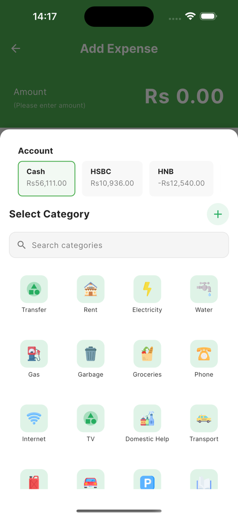 Money Master Sri Lanka - Tela de entrada manual de despesas mostrando seleção de conta e vários ícones de categoria de gastos, como aluguel, serviços públicos e mercearia.