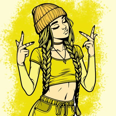 realistic teenage girl with braids and a beanie and crop top doing 🫶🏼