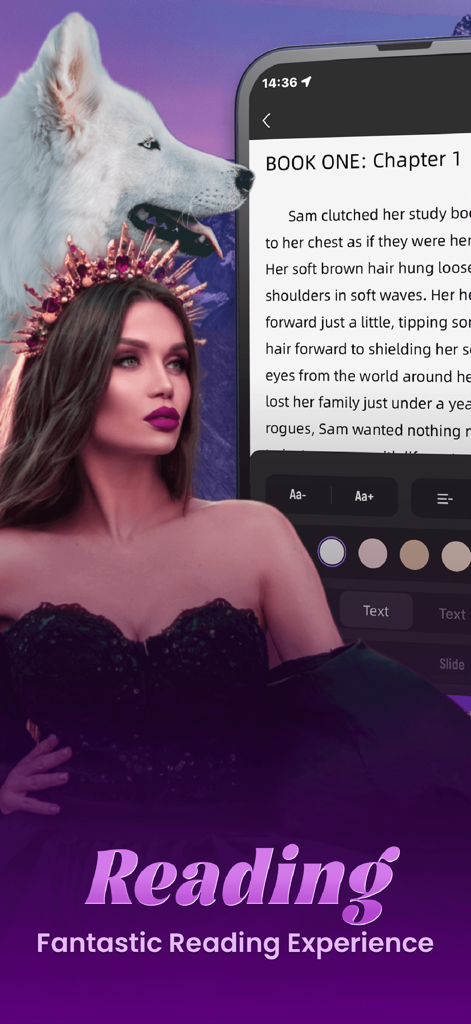 Read4Fun-Romance Stories - Una mujer con una corona y un fondo de lobo blanco con un teléfono mostrando un capítulo de libro y configuraciones de personalización de lectura