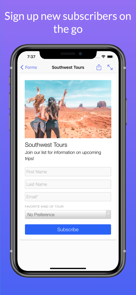 Stamps for Direct Mail - A mobile screen from the Stamps for Direct Mail app showing a customizable newsletter signup form with a travel photo and input fields.