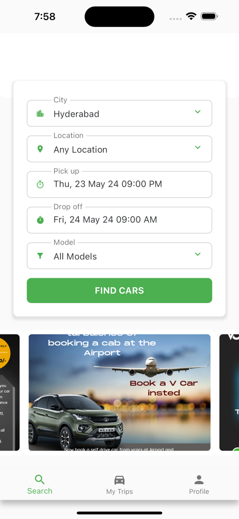 VCars - Self Drive Car Rentals - Pantalla de la aplicación móvil para buscar y reservar coches de auto-conducción en Hyderabad, India