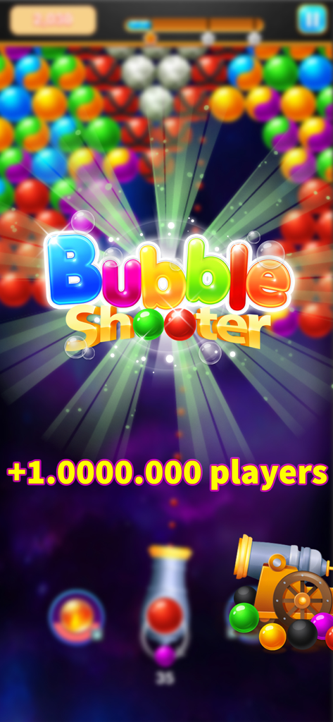 Bubble Shooter - Pop Legend - Pantalla de título de Bubble Shooter Pop Legend con burbujas de colores y un cañón de burbujas