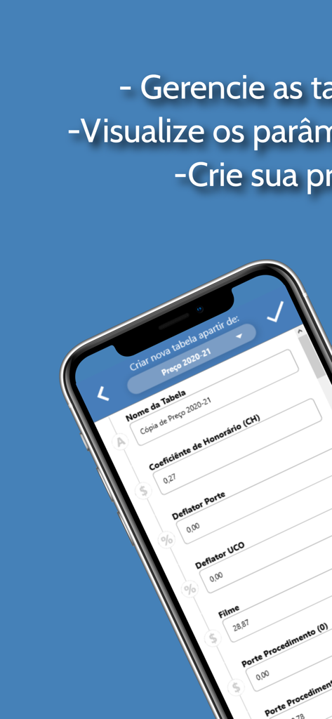 PMED - Preço Médico TUSS CBHPM - Interface do aplicativo PMED para criar e gerenciar tabelas de preços de faturamento médico personalizadas