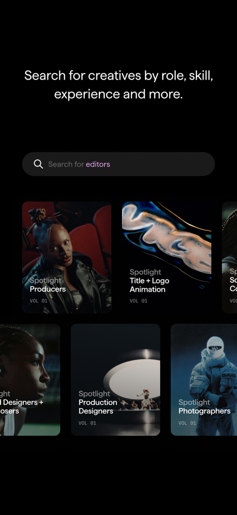 NOVA: The Creative Network - Interface de recherche de l'application NOVA montrant des catégories à la une pour les professionnels créatifs comme les producteurs et les photographes