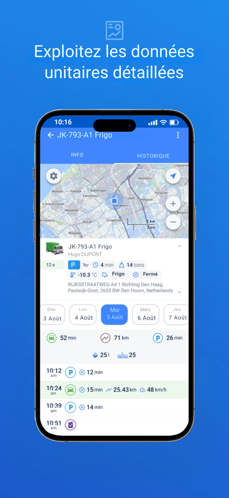 Geoweb.2 Tracking - Información detallada de seguimiento de vehículos y registros del historial de actividad en la aplicación Geoweb.2 Tracking