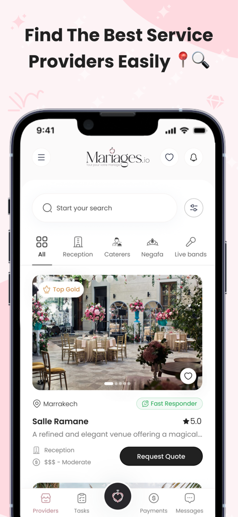 Écran de découverte de prestataires de services de l'application Mariages.io montrant les catégories de mariage et une liste de lieux de réception en vedette
