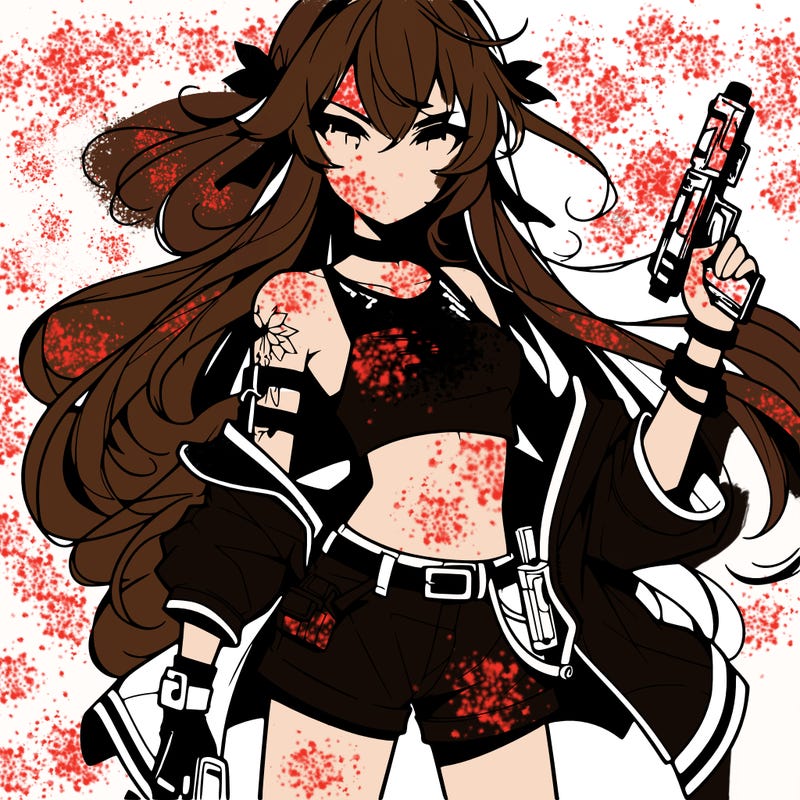 bad girl wearing crop top holding a gun long hair anime