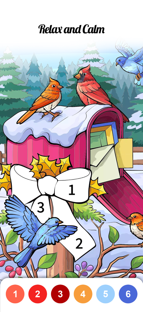 Calm Color-Color By Number - A coloring page interface showing birds on a snowy mailbox with a color-by-number palette at the bottom.