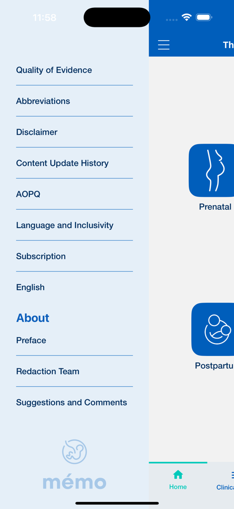 The Perinatal Memo - The Perinatal Memo side navigation menu with clinical and administrative links
