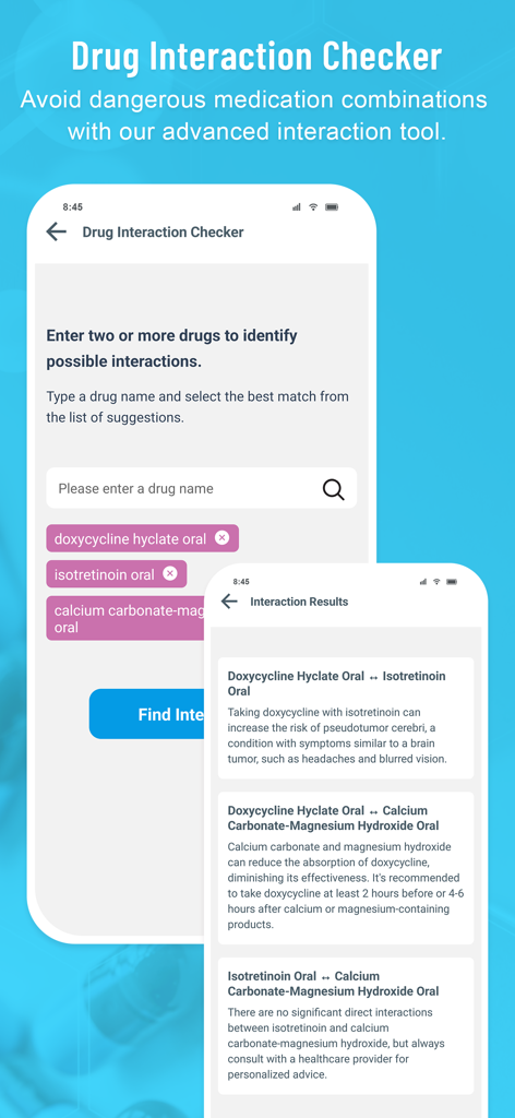 Medi Scanner - Pill Identifier - A mobile interface of the Medi Scanner app showing results from the drug interaction checker to prevent harmful medication combinations