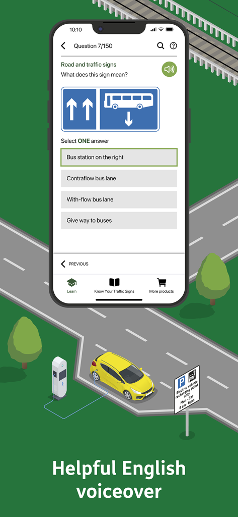 DfT Know Your Traffic Signs - Practice quiz screen in the DfT Know Your Traffic Signs app featuring a bus lane sign question and an English voiceover option.