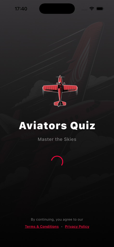 Aviators Quiz - Aviators Quizアプリのスプラッシュスクリーン。赤い飛行機アイコンと「空を制覇」というスローガンが特徴です。