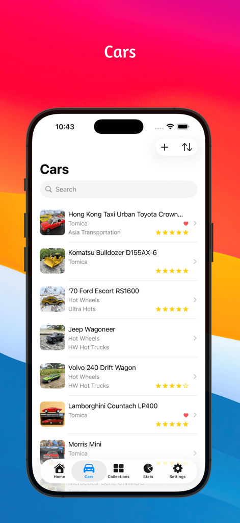 My Diecast Cars - Screenshot of the My Diecast Cars app displaying a detailed list of collected model cars including Hot Wheels and Tomica with ratings