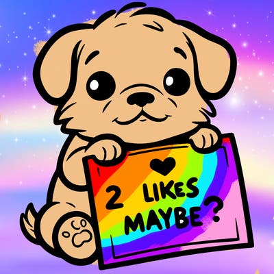 a puppy holding a sign that says 2 likes maybe?