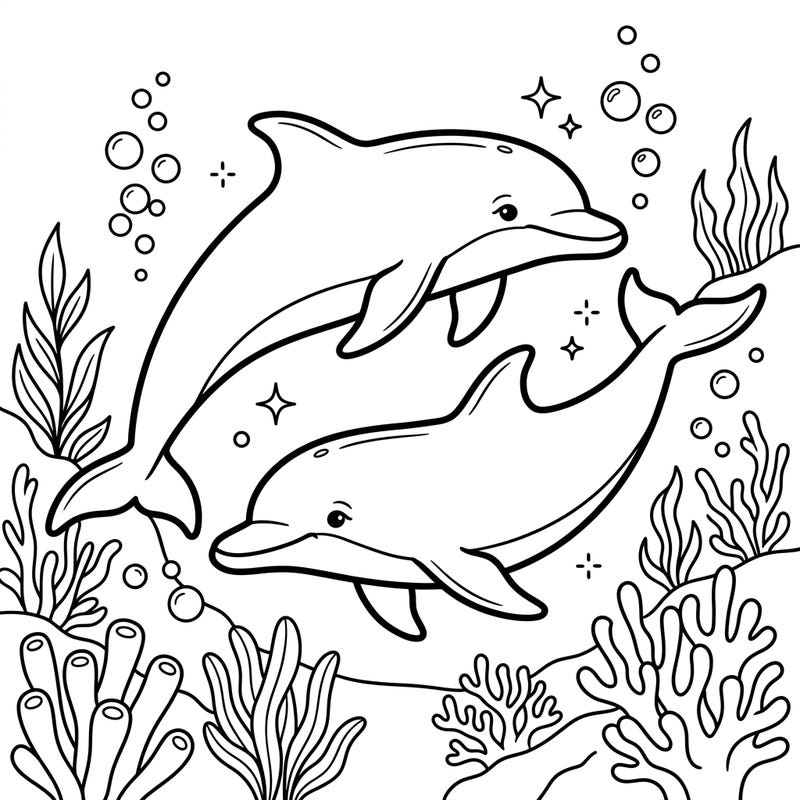 Explore the deep blue sea with this enchanting coloring page featuring two graceful dolphins. Designed specifically for kids, it offers a delightful journey into marine life with easy-to-color details.