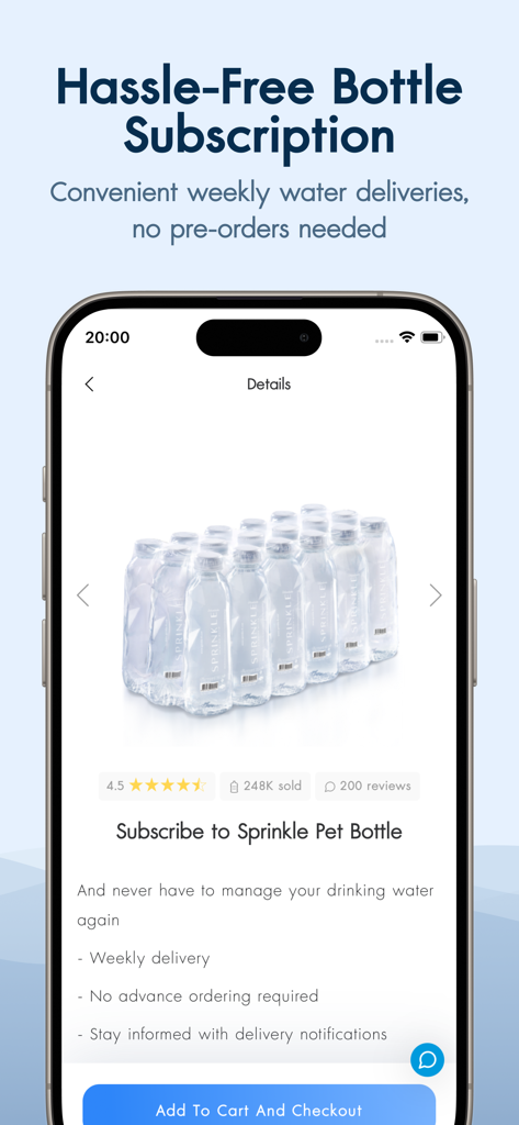 Tela do smartphone mostrando a página de assinatura de garrafas de água do Sprinkle App com detalhes de entrega.