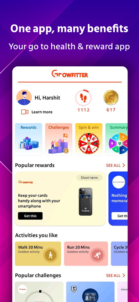 Growfitter - Growfitter app dashboard displaying step count reward points and fitness activity options