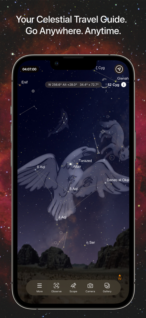 SkySafari 8 Pro - SkySafari 8 Pro app interface showing the Aquila constellation and celestial navigation data.