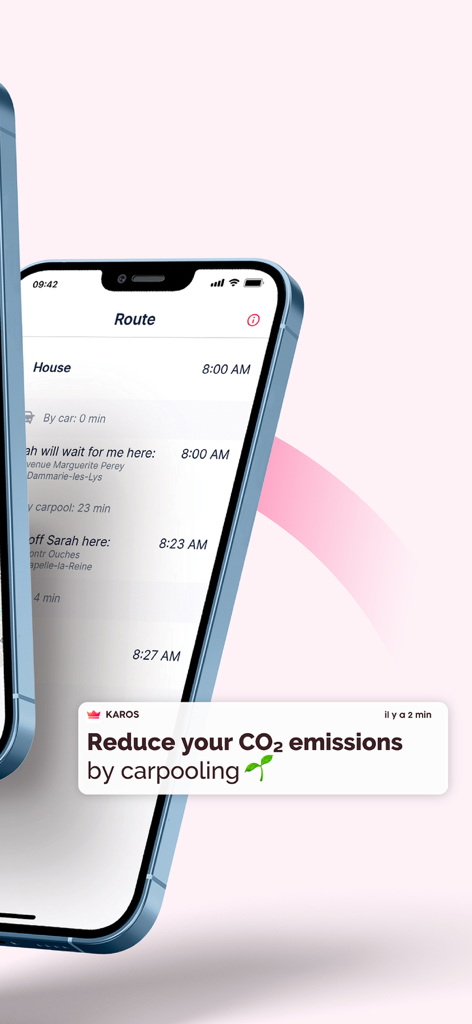 Karos - Commuter carpooling - Aplicación Karos en un smartphone que muestra una ruta de carpooling y una notificación para reducir las emisiones de CO2