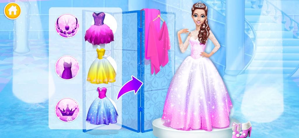 Princess Gloria Makeup Salon - La Princesa Gloria con un vestido de gala rosa brillante con un menú de opciones de vestido alternativas