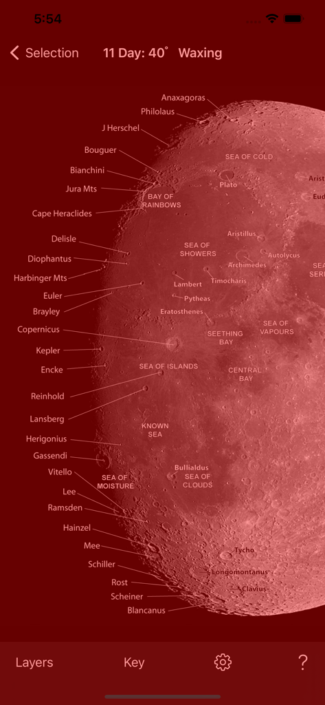 Moon Phase Photo Maps - Photographic map of the moon with labeled craters and features in night mode