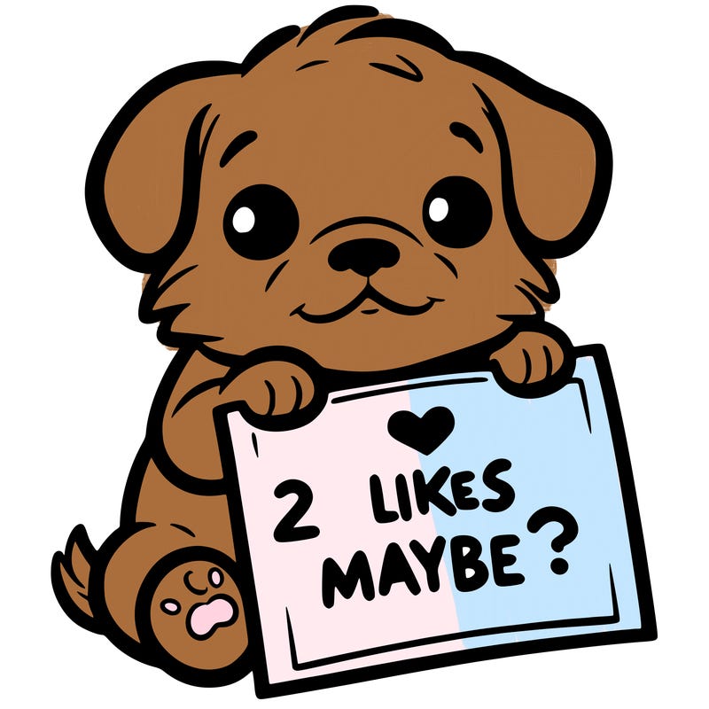 a puppy holding a sign that says 2 likes maybe?