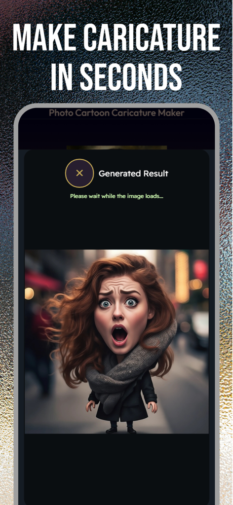 Caricature Maker - Toon Me Art - A surprised woman transformed into an AI caricature using the Toon Me Art app