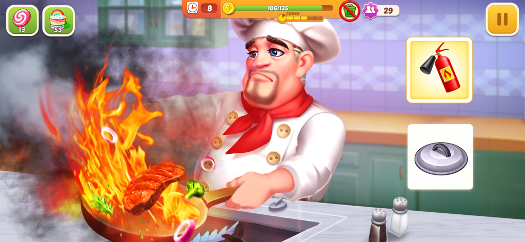 Crazy Kitchen: Cooking Games - A cartoon chef cooking a steak on fire in a frying pan within the game interface