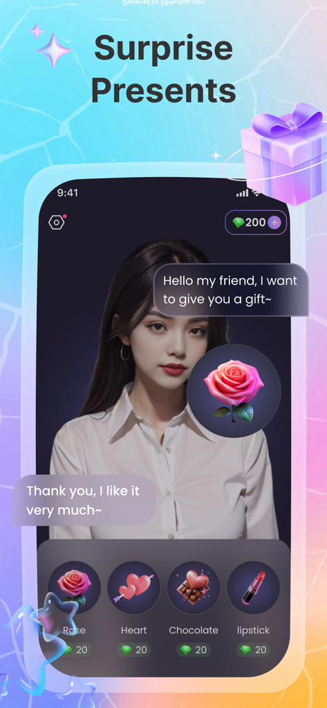 AI Girlfriend - MyGirl - Una novia de IA ofrece una rosa virtual en la función de regalos sorpresa de la aplicación MyGirl.