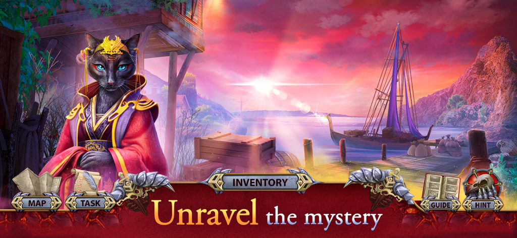 Knight Cats 2: Hidden Objects - An ornate black cat character standing in front of a sunset harbor with a sailboat