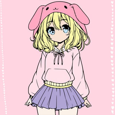 pretty anime girl wearing a fluffy hoodie with bunny ears on the hood and a skirt
