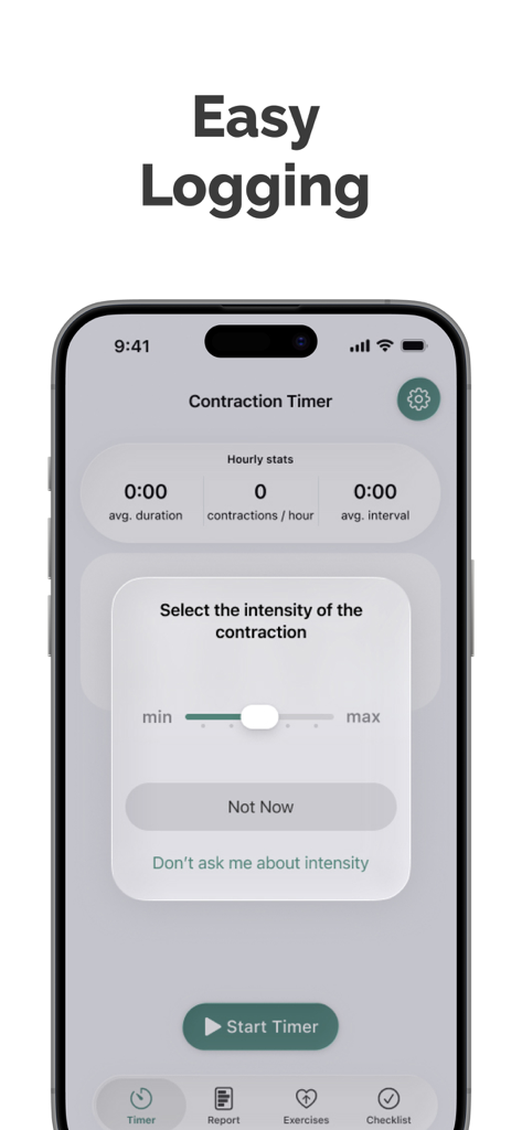 A smartphone interface of the Contraction Timer app showing a slider to select contraction intensity and hourly labor statistics.