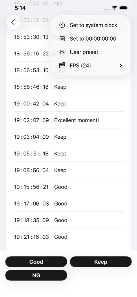 Timecode Marker - Timecode Marker app interface showing a list of recorded timecodes with custom labels and a settings menu.