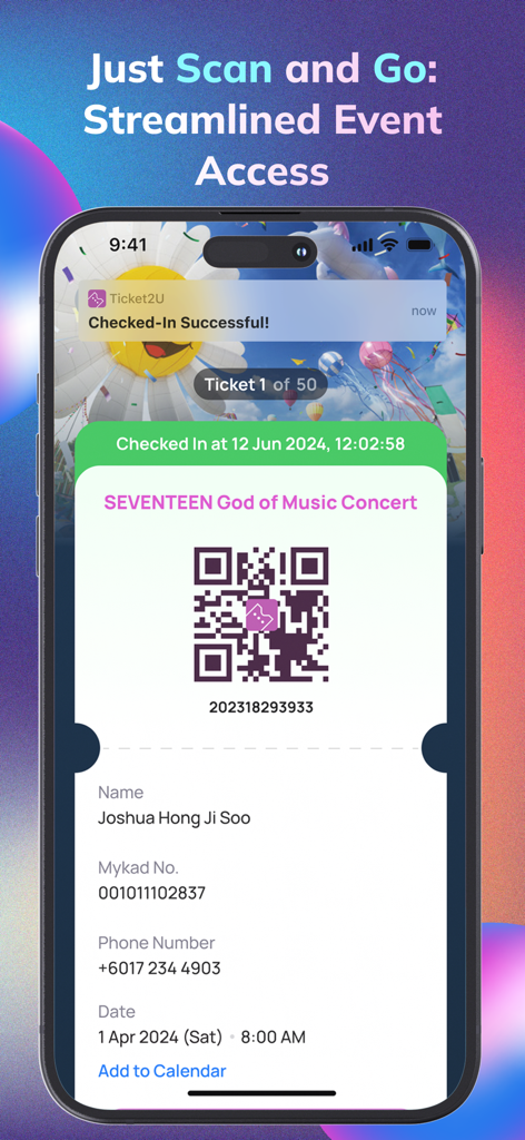 Ticket2U - Ticket2U mobile app displaying a successful digital ticket check in with a QR code for a concert