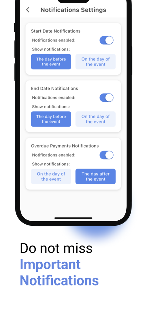 Rental Planner: Rent Manager - Bildschirm für Benachrichtigungseinstellungen für Mietbuchungen und überfällige Zahlungen in der Rental Planner App.